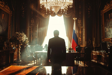 Rear view of powerful figure of Russian politician in grand office bathed in dramatic light, with national flag and opulent decor symbolizing authority and power of Russia