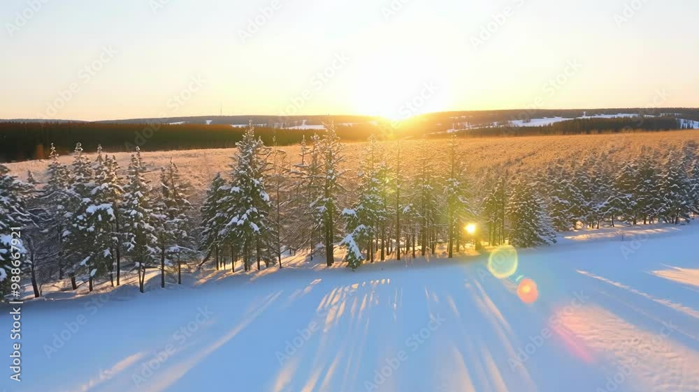 Aufkleber Sun is setting over a snowy landscape, casting long shadows from the trees onto the pristine snow. The warm light of the setting sun creates a magical atmosphere