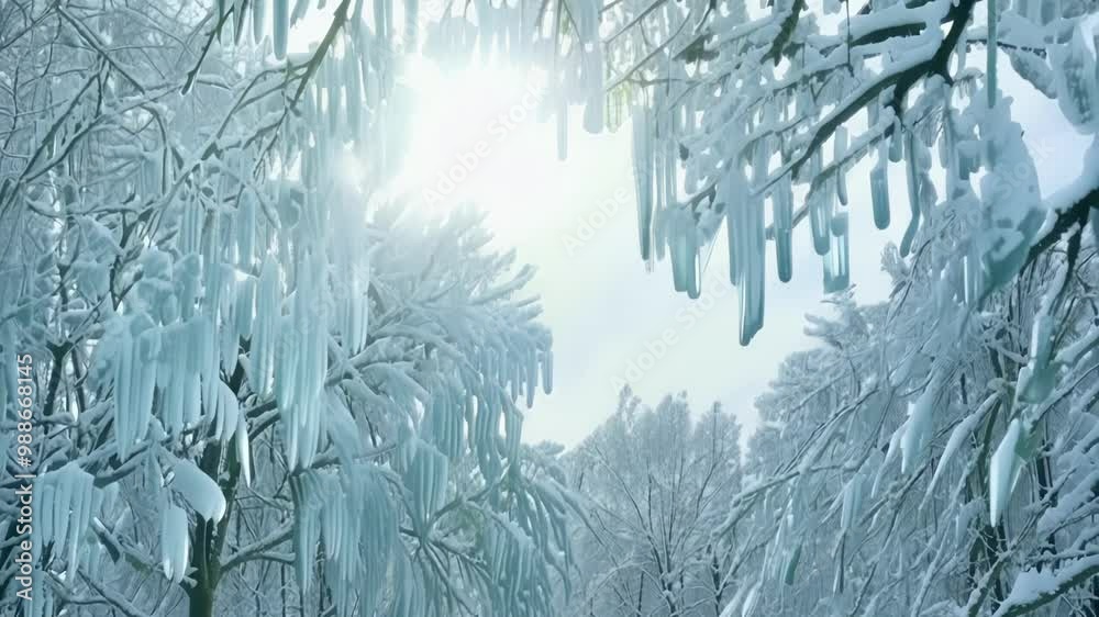 Poster Snow covered branches with long icicles are creating a magical winter atmosphere in the forest. The ground and trees are completely covered with snow