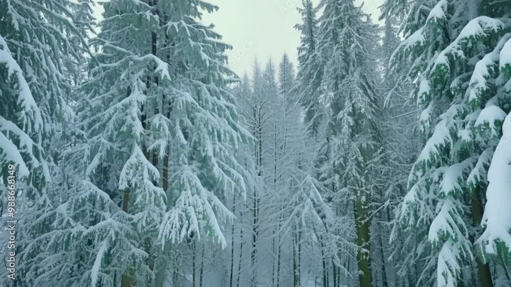 Poster Icicles hanging from snow covered pine trees in a winter forest, sunlight illuminating the frosty trees and snow covered ground