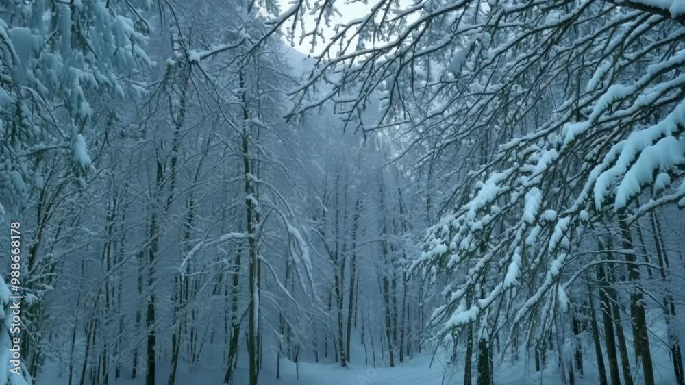 Poster Snow covered path is winding through a snowy forest. The trees are covered in snow and the path is leading into the distance