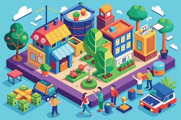 People participate in eco-friendly shopping activities in a lively urban environment filled with greenery, Eco shopping Customizable Isometric Illustration