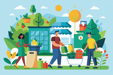 Two shoppers enjoy an outdoor market while carrying eco-friendly grocery bags and shopping carts, Eco shopping Customizable Flat Illustration