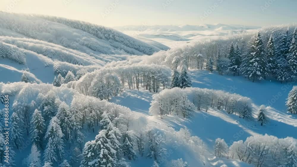 Poster sunlight is illuminating snow covered trees and a valley in this aerial view of a mountain forest co