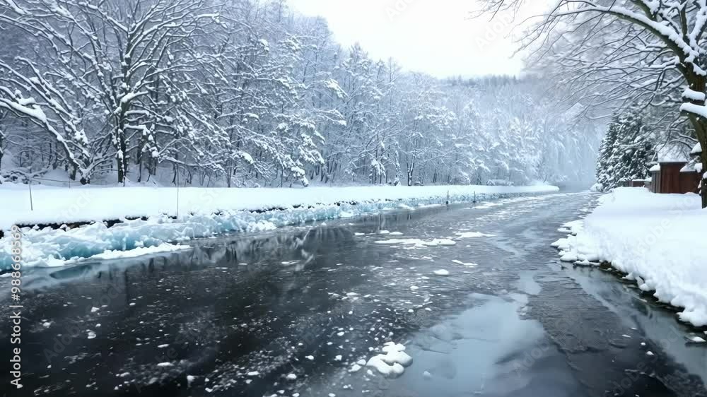 Poster Cold winter scene featuring a frozen river flowing through a snow covered forest with a thick layer of snow and ice on the trees and ground