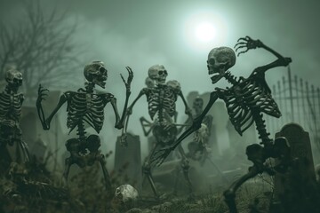 Fototapeta premium Skeletons dance under a full moon in a foggy graveyard, creating a spooky yet playful Halloween night scene