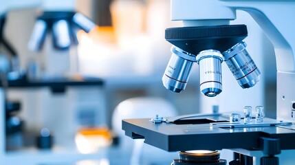 Close-up of a microscope with three objective lenses and a stage