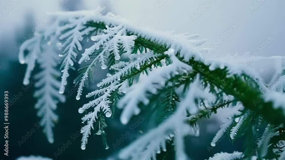 Poster Evergreen branches are covered with frost and icicles on a cold winter day. The image evokes tranquility and the beauty of nature in winter