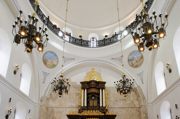 Interior view of the domed sanctuary and decorative ark of the Hurva Synagogue in the Jewish Quarter of the Old City of Jerusalem.