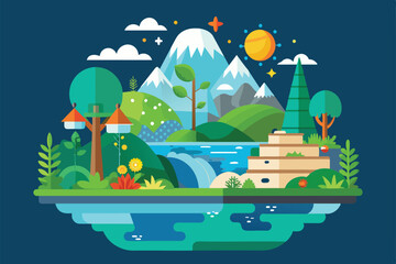 Obraz premium A colorful landscape features mountains, a waterfall, and various plants under a clear blue sky, Ecosystem Customizable Semi Flat Illustration
