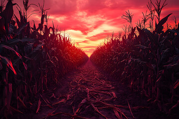 Corn field spooky Halloween horror background, haunted house event, red sky