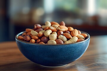 Mixed Nuts in Blue Bowl on Wooden Table