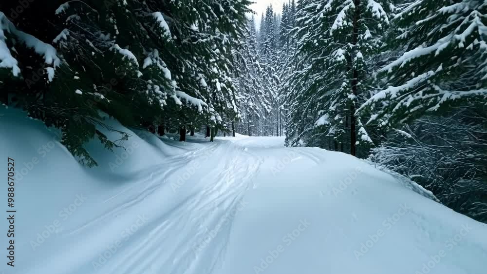 Poster snowy road winds through a quiet forest with tall trees covered in fresh snow, creating a serene win