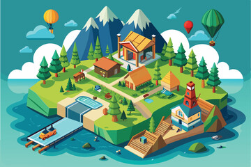 Explore a vibrant isometric landscape highlighting various ecotourism activities amidst nature, Ecotourism Customizable Isometric Illustration