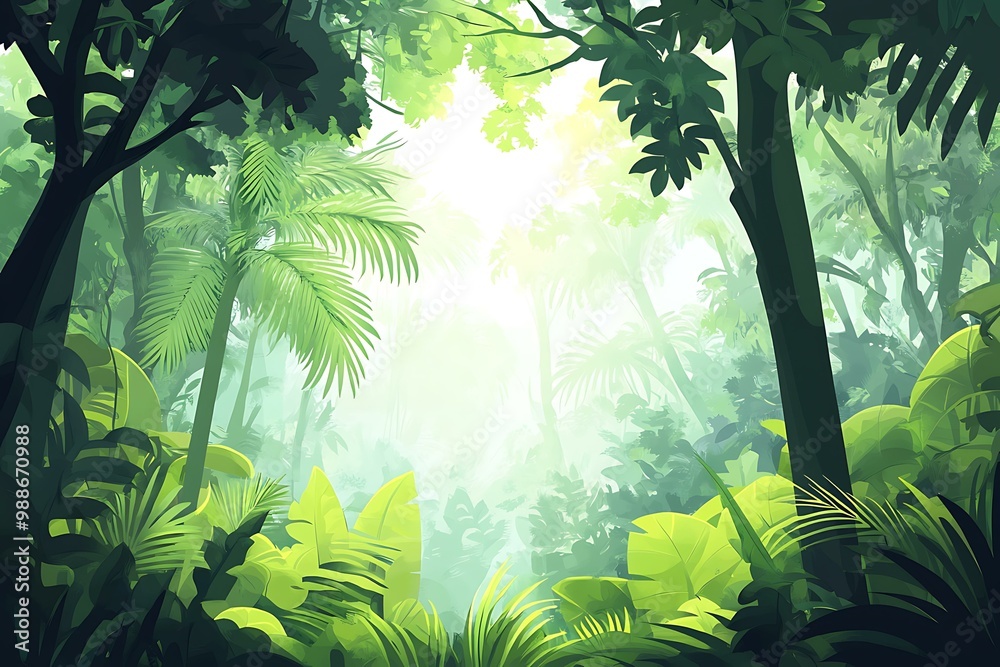 Sticker Green Lush Tropical Rainforest Illustration