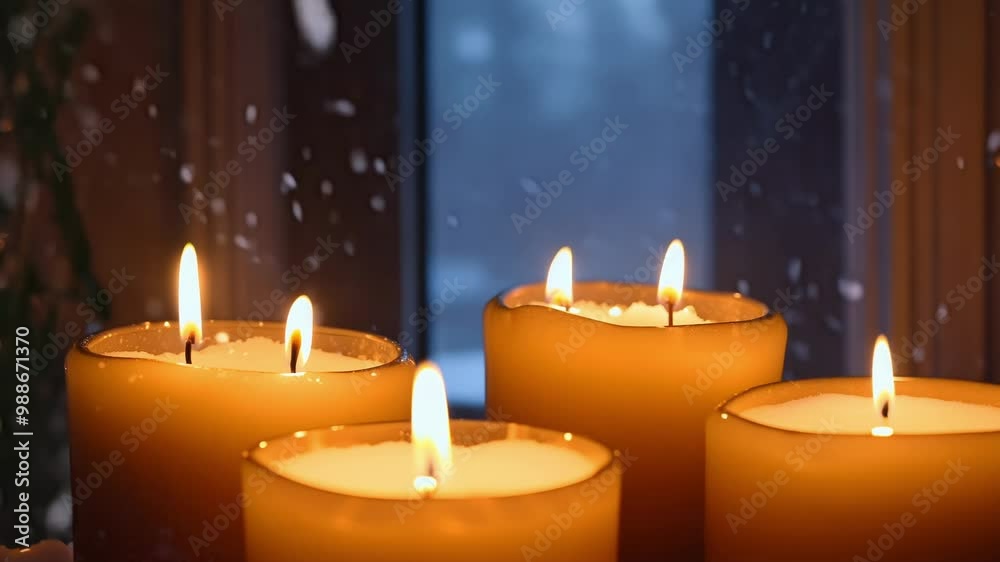 Poster five candles softly burning on a window sill, casting a warm glow as snow falls outside, creating a 