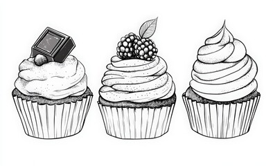 Line art vector illustration of three cupcakes with different decorations: one with chocolate and fruit on top, one vanilla cupcake with cream cheese frosting, and the other with fruits and berries.
