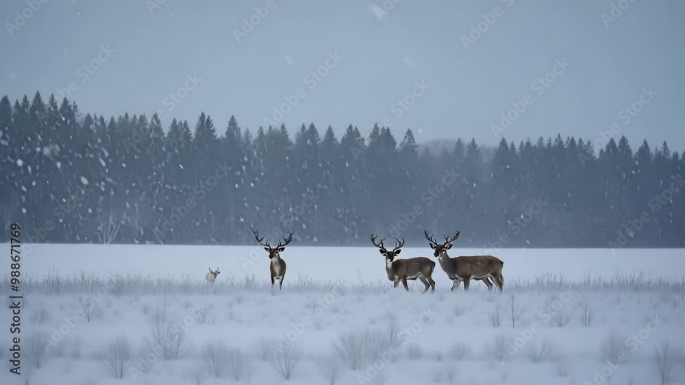 Poster Four deer are standing in a snowy field with a forest in the background during a light snowfall. The deer are looking around, enjoying the peacefulness of the winter landscape