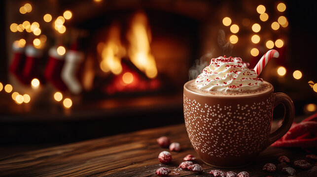 A mug of hot chocolate with whipped cream and a red candy cane on top