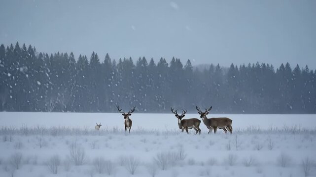 Four deer are standing in a snowy field with a forest in the background during a light snowfall. The deer are looking around, enjoying the peacefulness of the winter landscape