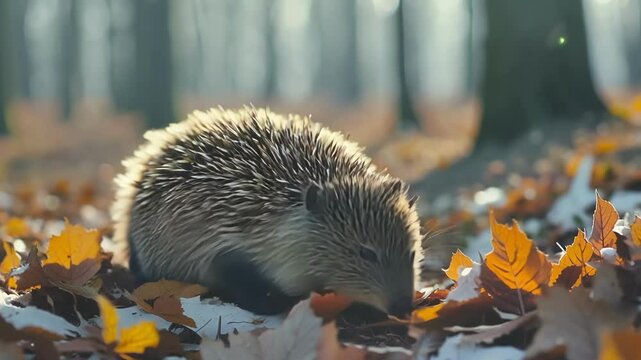 Tiny hedgehog explores the forest for food on a sunny autumn day with the first snow, surrounded by colorful leaves, navigating through the woods in search of a meal