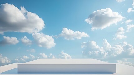 A white platform (like a stage) is shown in a 3D image. It's set against a backdrop of a clear blue sky with fluffy clouds. This image is perfect for showcasing products or displaying items.