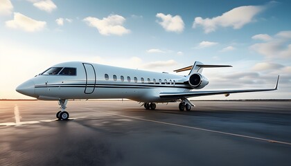 Elegant side view of a pristine white corporate jet parked against a clear sky