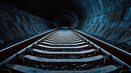 Fototapeta premium a deserted underground passage with railway tracks stretching into the darkness
