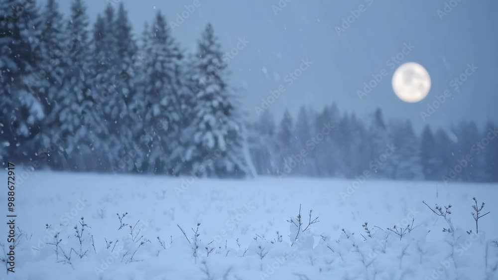 Poster snow gently falls on a frozen field, creating a serene winter wonderland under the full moon's magic