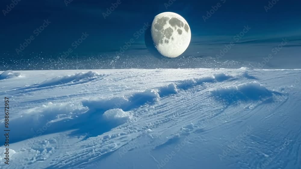 Poster serene snowy field glows under a large moon in a deep blue sky, creating a magical winter scene of t