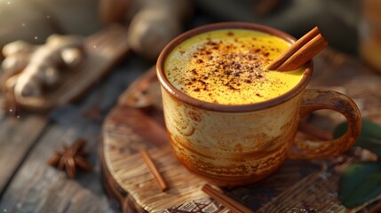A cup of coffee with cinnamon on top sits on a wooden table 