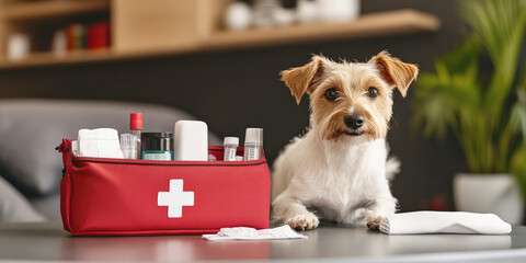 A small dog sitting next to a red first aid kit filled with medical supplies, looking up attentively, in a modern indoor setting.