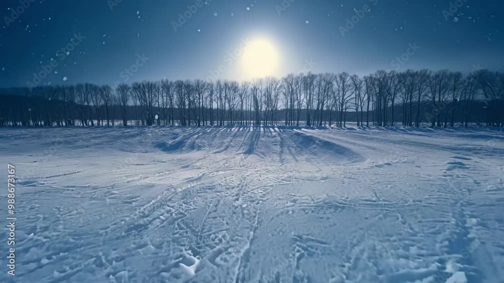 Poster Serene winter night with a snowy field glistening under the moonlight. Ski tracks weaving through the landscape. Trees lined up under the bright moon. Cold air crisp and invigorating