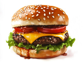 A juicy, delicious, colorful burger isolated on a white background. Generative AI