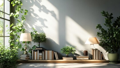 Modern Minimalist Interior Design with Bookshelf  Plants  and Lamps