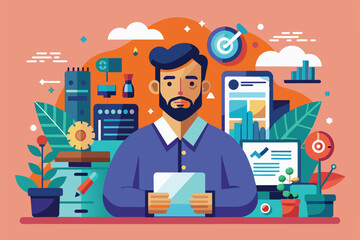 A focused individual analyzes data amidst colorful business visuals and tools, Editorial commision Customizable Semi Flat Illustration