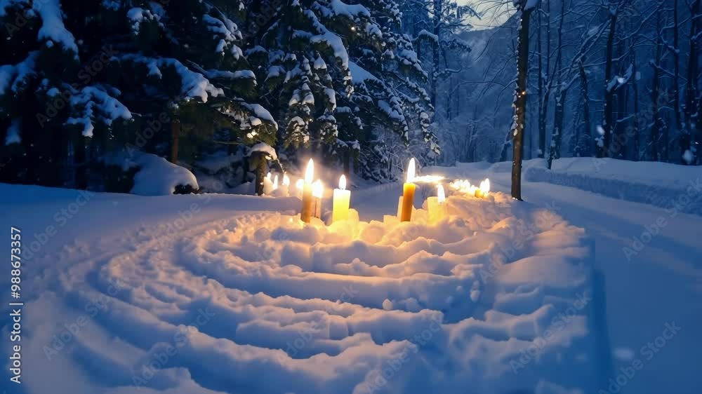 Poster row of burning candles creates a warm glow along a snow covered path, surrounded by snow laden trees