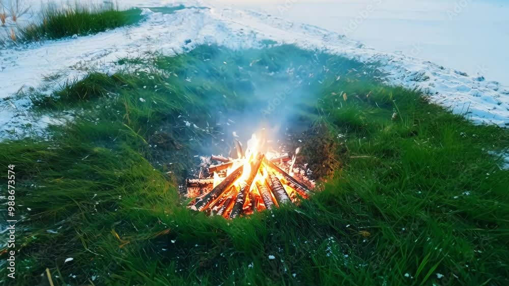 Aufkleber Bonfire is burning brightly, providing warmth and light on a cold winter day. The flames rise high, creating a mesmerizing display against the snowy backdrop