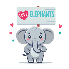 cartoon elephant holding a Love Elephants sign on a white background