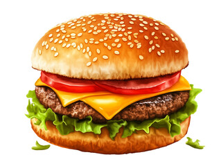 A juicy, delicious, colorful burger isolated on a white background. Generative AI