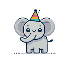 illustration of a cute elephant with a party hat standing on a white background