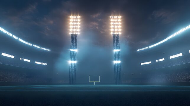 Empty American Football Stadium with Floodlights at Night