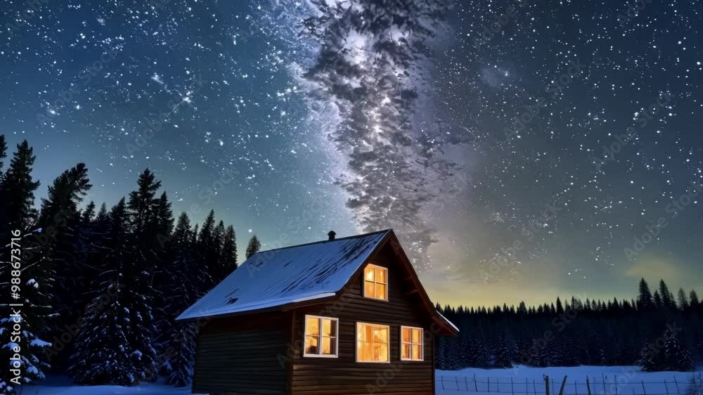 Poster Distant cabin is glowing with warm light under a breathtaking starry night sky during winter. The surrounding snow and trees create a serene and peaceful atmosphere