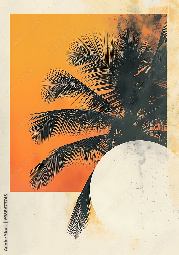 Wall mural palm tree silhouette with orange and white background