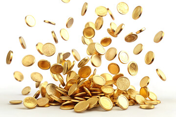 gold coins are falling from a white background