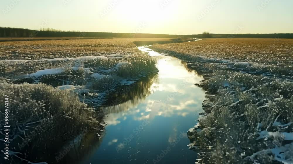 Poster sunlight shines on a winding creek in snowy fields, reflecting golden light in a peaceful winter lan