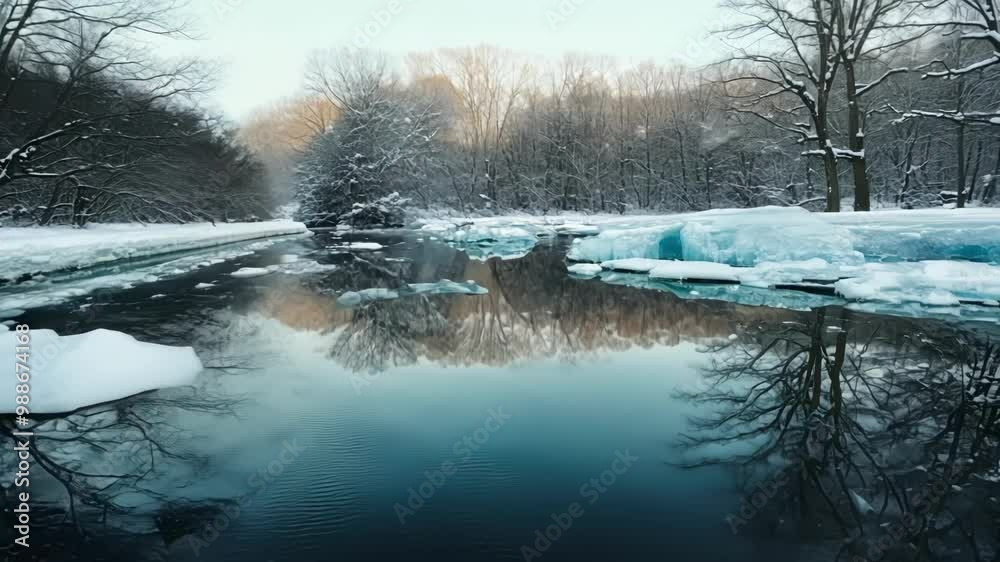 Poster tranquil winter scene with a frozen river reflecting snow covered trees, creating a serene blue and 