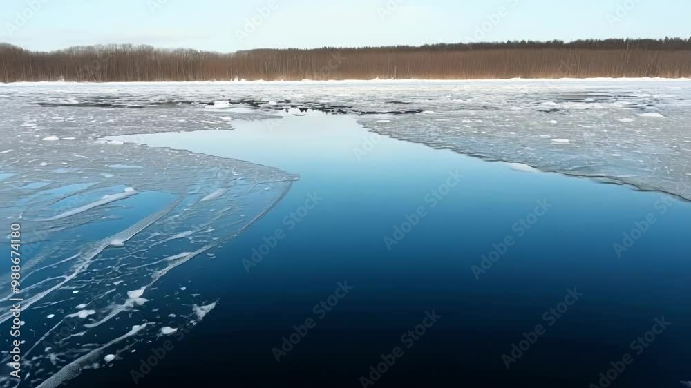 Poster cracks forming intricate patterns are visible on the surface of a frozen lake reflecting the blue sk