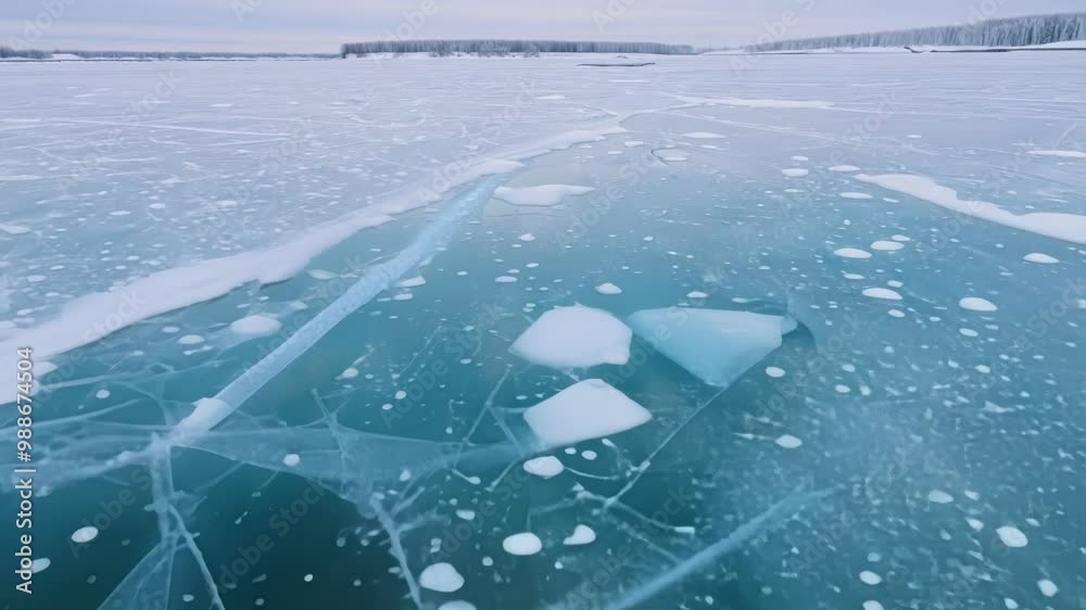 Poster sunlight reflecting on the blue water beneath a thick layer of cracked ice covering the surface of a