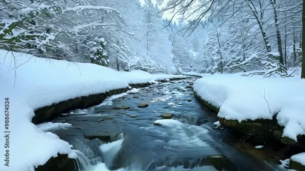 Poster picturesque winter scene of a river flowing through a snow covered forest, with the trees and rocks 